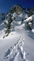 Snow-covered mountain path leading to a rocky peak under a vibrant blue sky