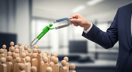 Attracting talent and building teams: A businessman using a magnet to recruit the best