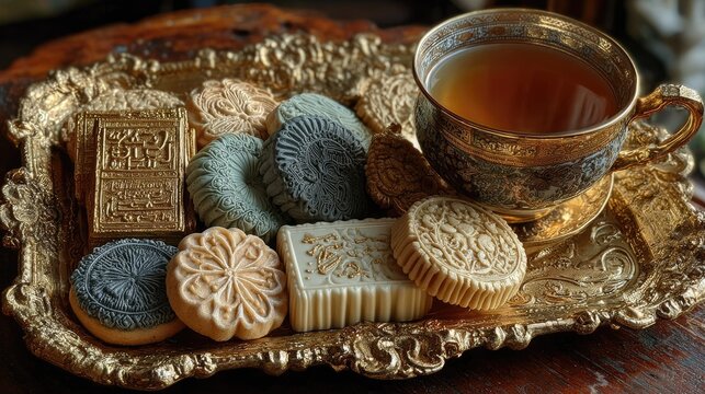 Assorted ornate soaps and teacup on gold tray