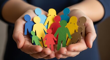 Hands cupping colorful paper people symbolizing community, diversity, and inclusion in society