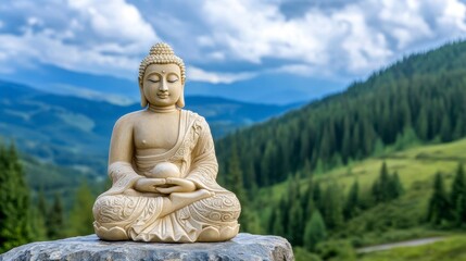 Obraz premium Serene Buddha Statue Surrounded by Lush Green Mountains and Clouds