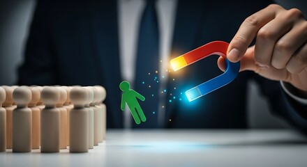 Attracting talent with magnet, representing recruitment, career opportunity, and human resources