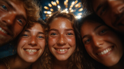 Fototapeta premium Radiant Faces, Celestial Spectacle: A jubilant cluster of smiling faces beams brightly amidst a vivid, captivating display of vibrant fireworks, etching an atmosphere of pure bliss.