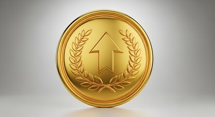 Shiny gold medal with upward arrow and laurel wreath symbolizing success, growth, and achievement in business and sports
