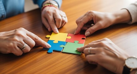 Teamwork solving jigsaw puzzle together demonstrating collaboration, connection, and unity concept
