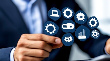 Businessman Engaging with Digital Icons of Tools and Technology