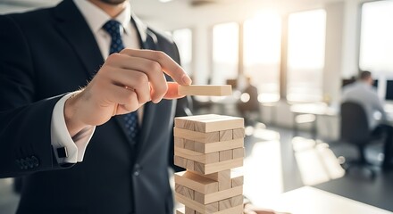 Businessman carefully building tower of wooden blocks in bright office, strategic planning