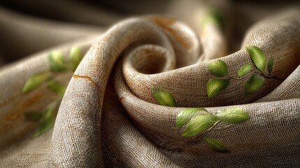 Fototapeta premium Swirling beige fabric with green leaf pattern