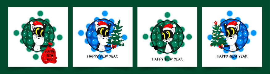 The black cat - Santa Claus. Happy New Year Greeting Card Set