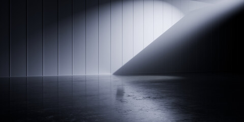 Cyberpunk Interior Space With Laser Light Beams Crossing Futuristic Industrial Tunnel Made of Concrete Tech Corridor and Neon Details Perspective 3D Rendering © IM_VISUALS