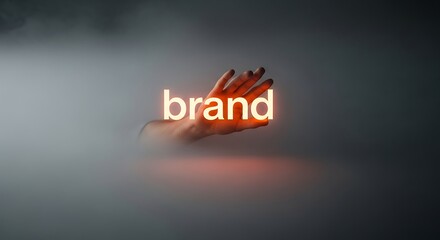 Hand reaching for the glowing word BRAND, representing marketing, identity, and recognition