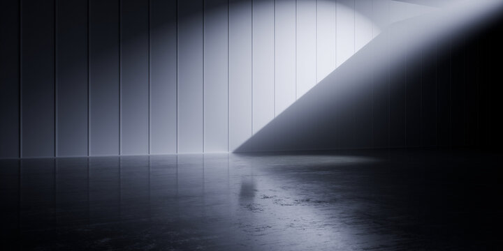 Cyberpunk Interior Space With Laser Light Beams Crossing Futuristic Industrial Tunnel Made of Concrete Tech Corridor and Neon Details Perspective 3D Rendering