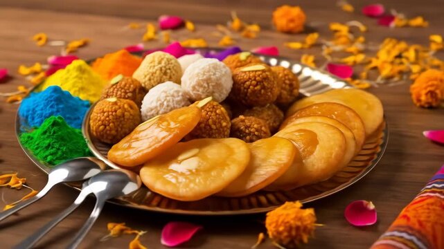 Delicious indian sweets and colorful powders for navratri durga puja celebrations traditional festive offerings and delicacies