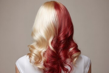 Naklejka premium A woman's back view showcases vibrant, wavy hair styled with a striking two-toned color combination of blonde and burgundy.