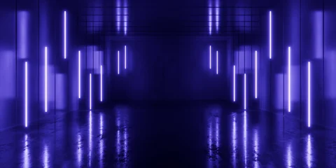 Futuristic Sci Fi Cyber Corridor With Neon Laser Grid Glowing On Concrete Walls Underground Tunnel Architecture Industrial Tech Interior Look 3D Rendering © IM_VISUALS
