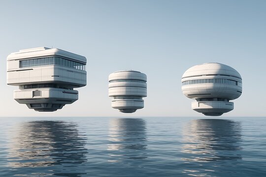 Futuristic floating structures above calm water