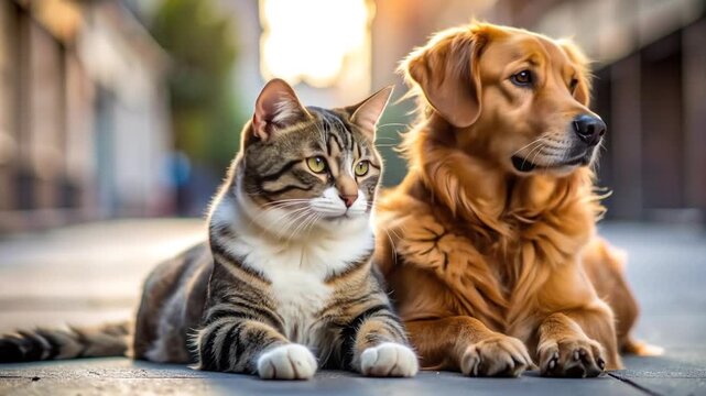 Tabby cat and golden retriever dog lying side-by-side, looking directly at viewer on a grey stone background