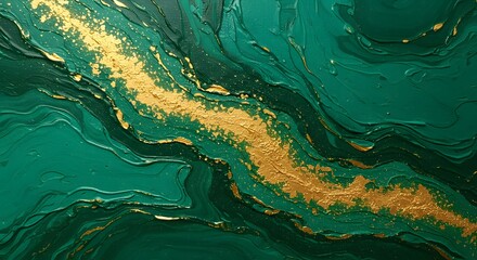 Regal abstract painting showcasing emerald green and shimmering gold accents