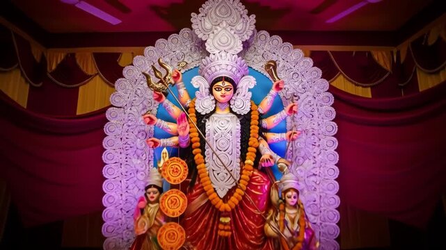 Divine goddess durga puja idol during navratri festival adorned with flowers and offerings symbolizing triumph and devotion