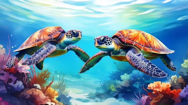 Two sea turtles in vibrant coral reef environment
