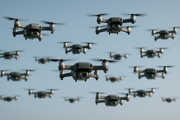 A swarm of drones flying together in the sky