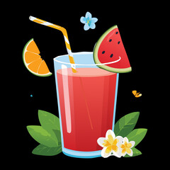 Refreshing Watermelon Smoothie with Ice Cubes and Orange Slice - Vector Illustration