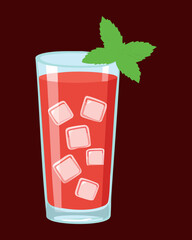 Refreshing strawberry drink with ice cubes and fresh mint leaves - Vector Illustration

