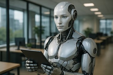 Humanoid robot engaged with a digital tablet in an office environment