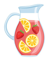 A Pitcher Full of Homemade Strawberry Lemonade with Lemon Slices - Vector Illustration