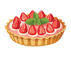 Beautiful round strawberry tart with fresh whole strawberries and creamy filling, a delightful dessert - Vector Illustration