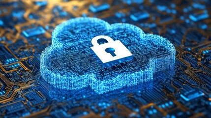 digital 3D illustration of glowing, circuit-patterned cloud with a padlock icon,hovering over a circuit board for websites and blogs about cloud computing, cybersecurity,and data protection