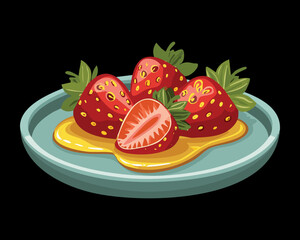 A gourmet plate of fresh ripe strawberries with sweet golden sauce on a dark background, elegant and delicious - Vector Illustration
