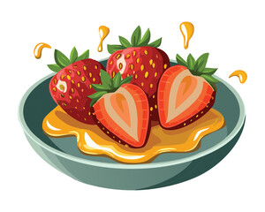 Plate of fresh strawberries with a rich, golden sauce on a dark background, a beautiful gourmet dessert - Vector Illustration