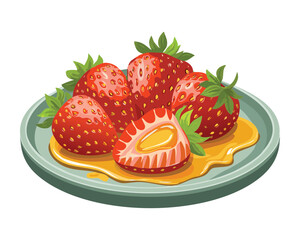  A plate of fresh, ripe red strawberries with a sliced berry and delicious sweet sauce drizzled - Vector Illustration