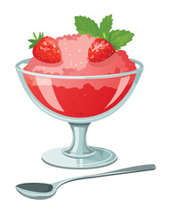 Refreshing strawberry granita in a clear glass bowl with a spoon, a perfect icy summer dessert - Vector Illustration