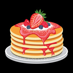 A beautiful and elegant dish of pancakes topped with sweet red strawberries, berries, and rich syrup - Vector Illustration