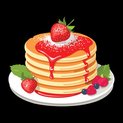 Fluffy stack of pancakes with sweet strawberry syrup drizzle and fresh red strawberries, a delightful dish - Vector Illustration