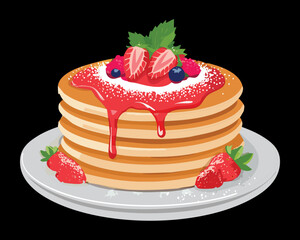A stack of fluffy pancakes topped with strawberries, blueberries, and a sweet red syrup drizzle, dark background - Vector Illustration