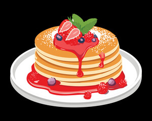 Golden stack of pancakes with fresh strawberries, blueberries, and a rich, sweet syrup drizzle - Vector Illustration