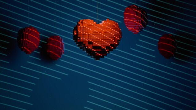 Cubic heart shape suspended on string at center with multiple cubic spheres behind and diagonal lines across background