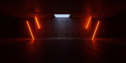 Sci Fi Industrial Garage Tunnel With Futuristic Structure Elements Glowing Neon Beams Reflected on Cement Concrete Surface Interior Perspective 3D Rendering © IM_VISUALS