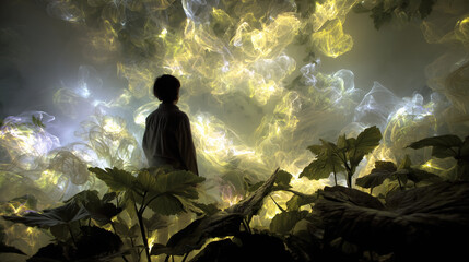 A person stands within a botanical light installation where the light has a physical texture like glowing smoke.
