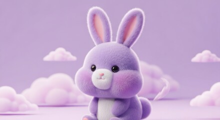 Obraz premium A stylized, plush bunny character sits sweetly against a backdrop of soft pink clouds and a lavender ground