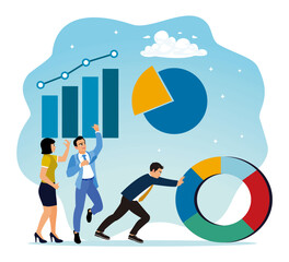 Teamwork increases business growth with data graph and chart analysis.