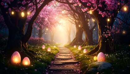 Obraz premium A magical pathway through a blossoming, enchanted forest, illuminated by glowing pink eggs and fairy lights.