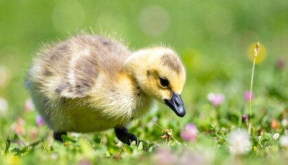 A fluffy gosling, light yellow and grey in color, delicately pecks at the meadow grass, surrounded by wildflowers.