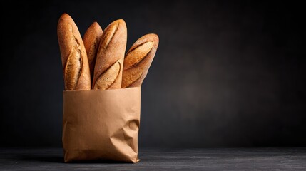 Freshly Baked Baguettes in Brown Paper Bag on Dark Background for Culinary and Food Themes