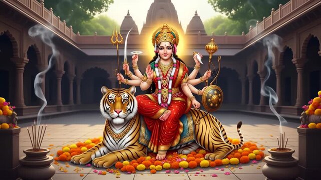 Goddess durga on her tiger central to navratri puja embodying divine strength protection and profound indian spiritual devotion