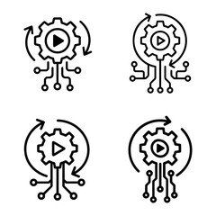 Four icons showing gears with play symbols and arrows in a circular motion on transparent background