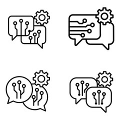 Four instances of chat bubbles with circuit patterns and gear icons present on transparent background